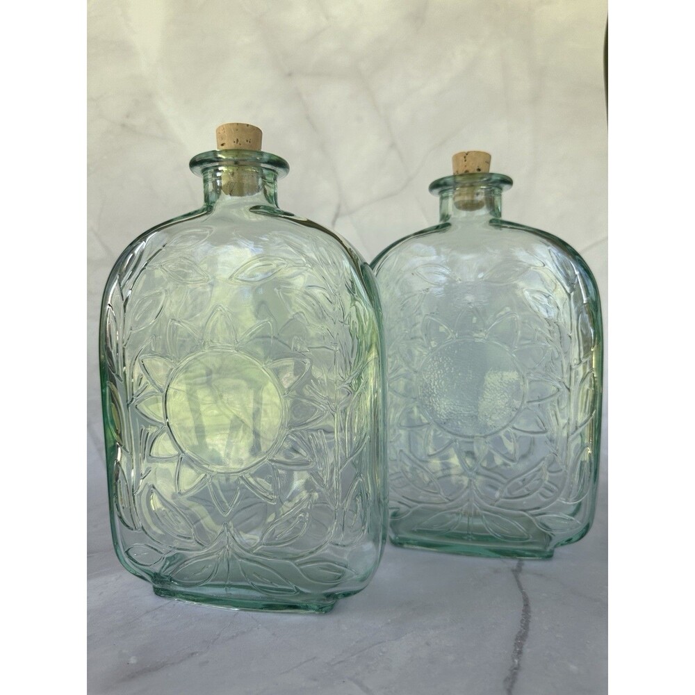 Vtg Green Glass Bottles Farmhouse Sunflower Embossed Design with Cork Canada